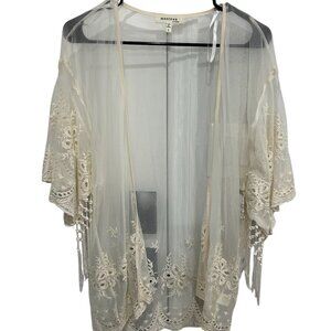 Monteau Los Angeles Lightweight Sheer Lace Embroidered Kimono Cardigan Size L Bo